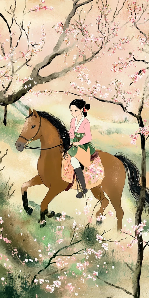少女骑马穿越桃花谷
