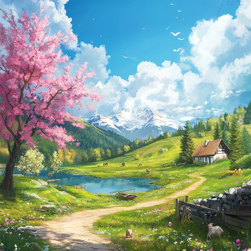 桃花碧波田园风光