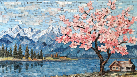 樱花树与湖畔小屋