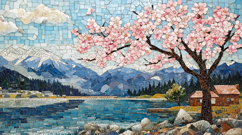 樱花树与湖畔小屋