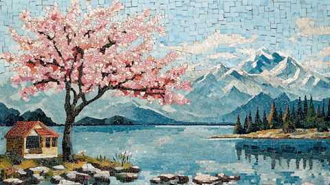 樱花树与湖畔小屋