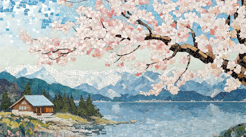 樱花树与湖畔小屋