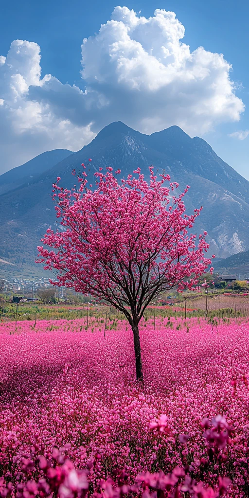 山峦樱花云海