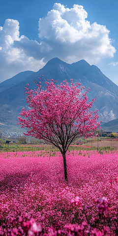 山峦樱花云海