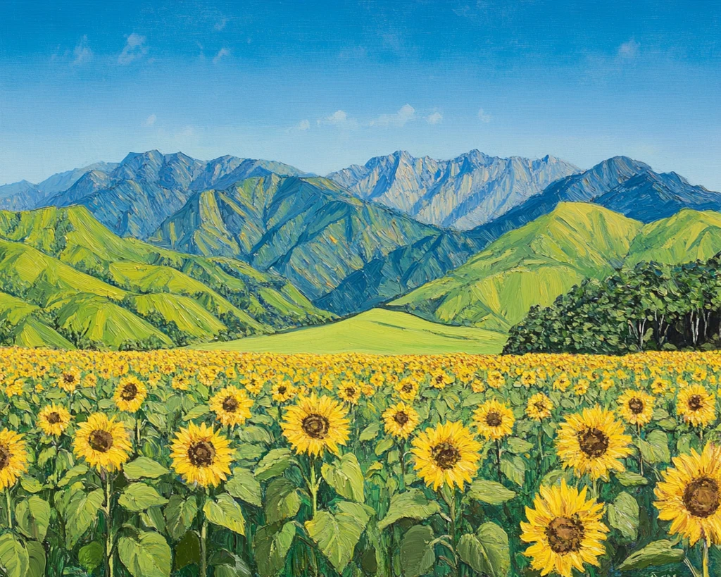 向日葵田与山脉