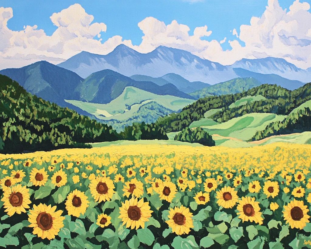 向日葵田与山脉