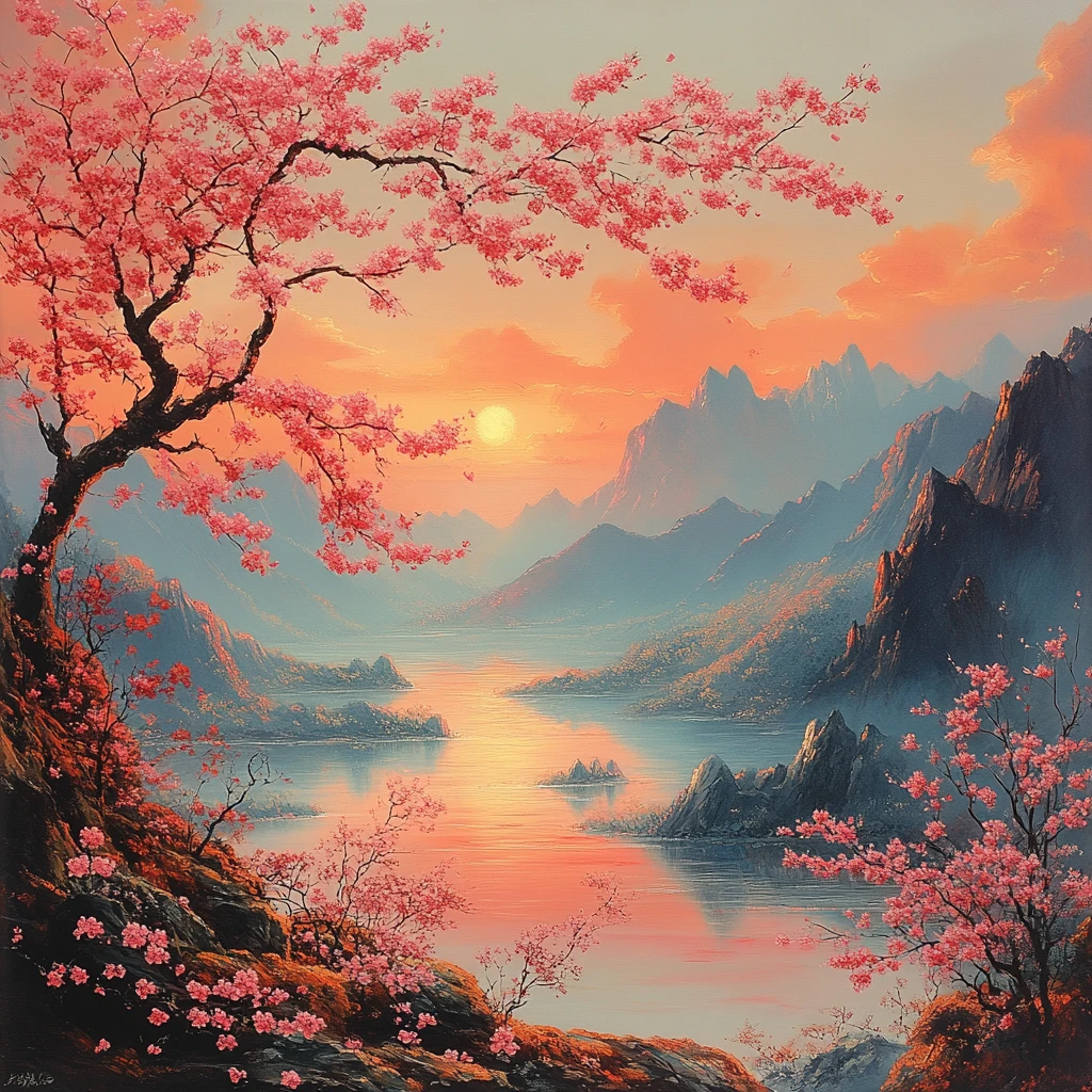 山与樱花与夕阳