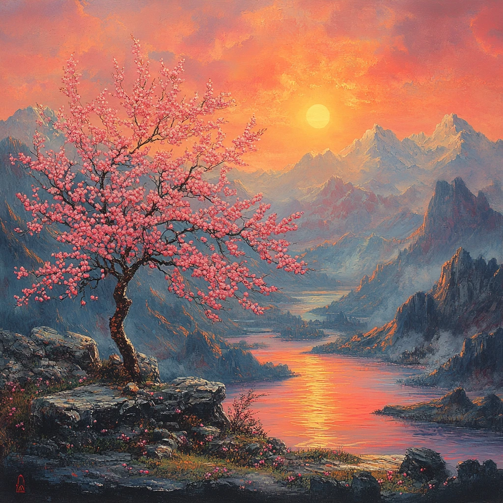 山与樱花与夕阳