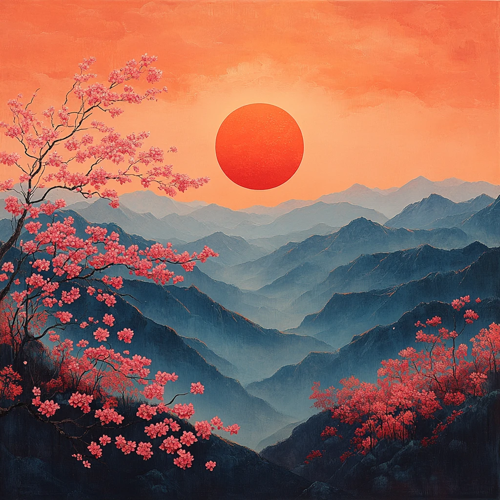 山与樱花与夕阳