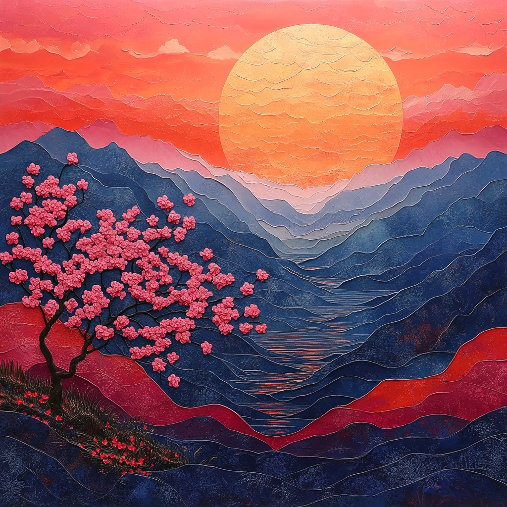 山与樱花与夕阳