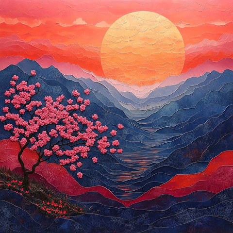 山与樱花与夕阳