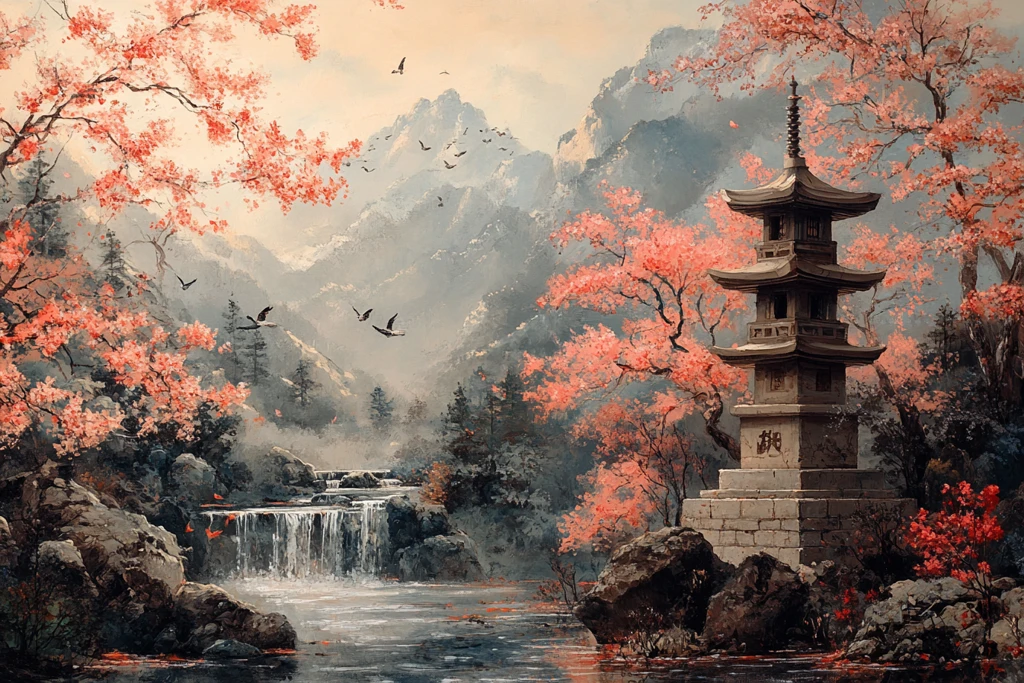 日式园林鸟水灯塔