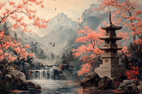 日式园林鸟水灯塔