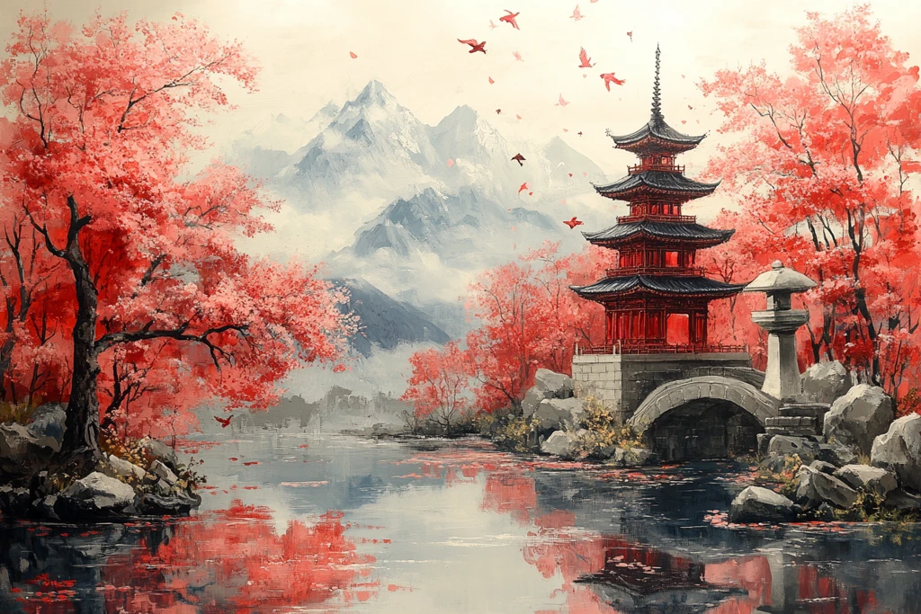 日式园林鸟水灯塔