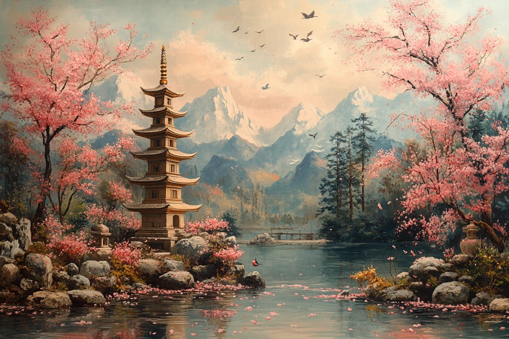 日式园林鸟水灯塔