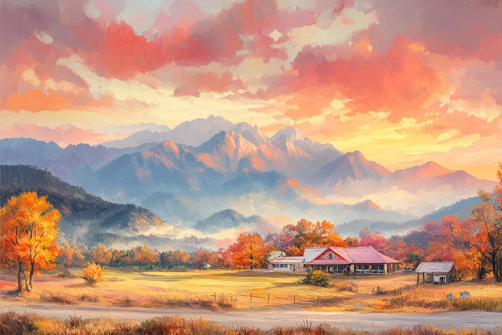 秋叶晚霞映山谷