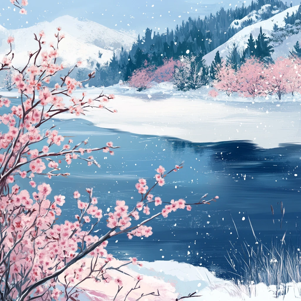 桃花环绕湖面雪