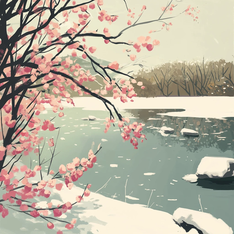 桃花环绕湖面雪