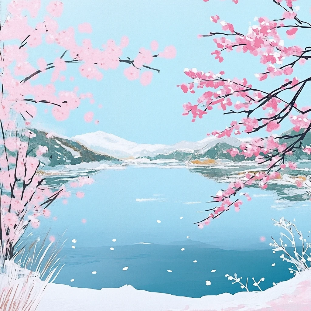 桃花环绕湖面雪