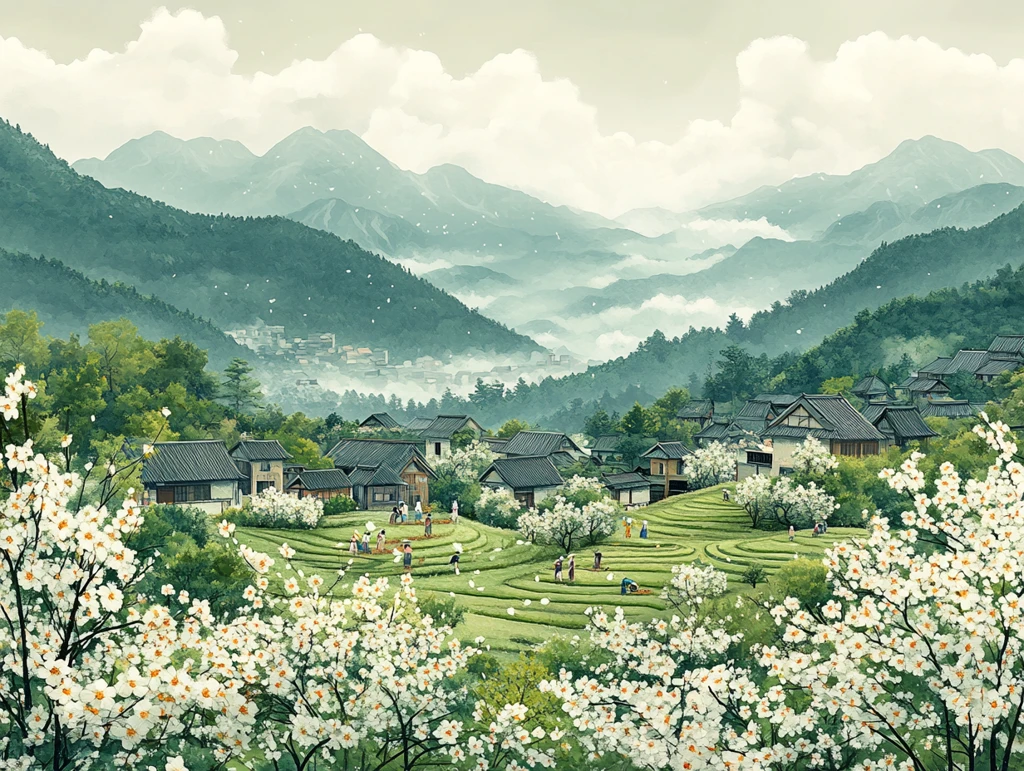 春雨青山稻田村庄