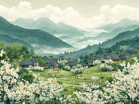 春雨青山稻田村庄