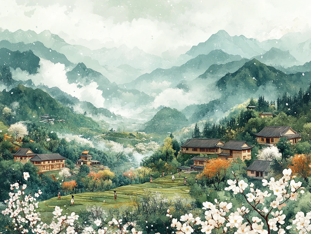 春雨青山稻田村庄