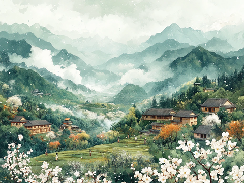 春雨青山稻田村庄