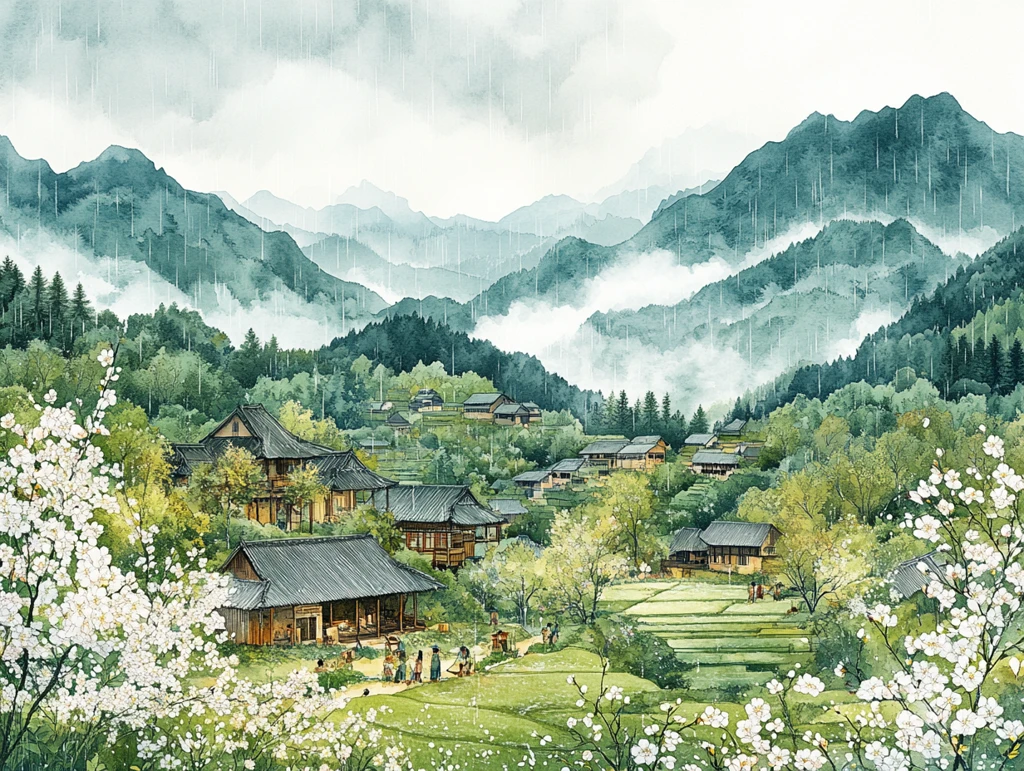 春雨青山稻田村庄