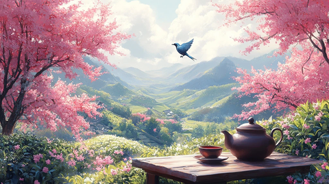 茶园中的蓝鹊与茶具