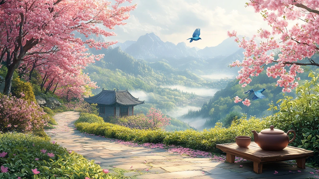 茶园中的蓝鹊与茶具