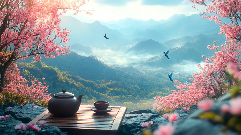 茶园中的蓝鹊与茶具