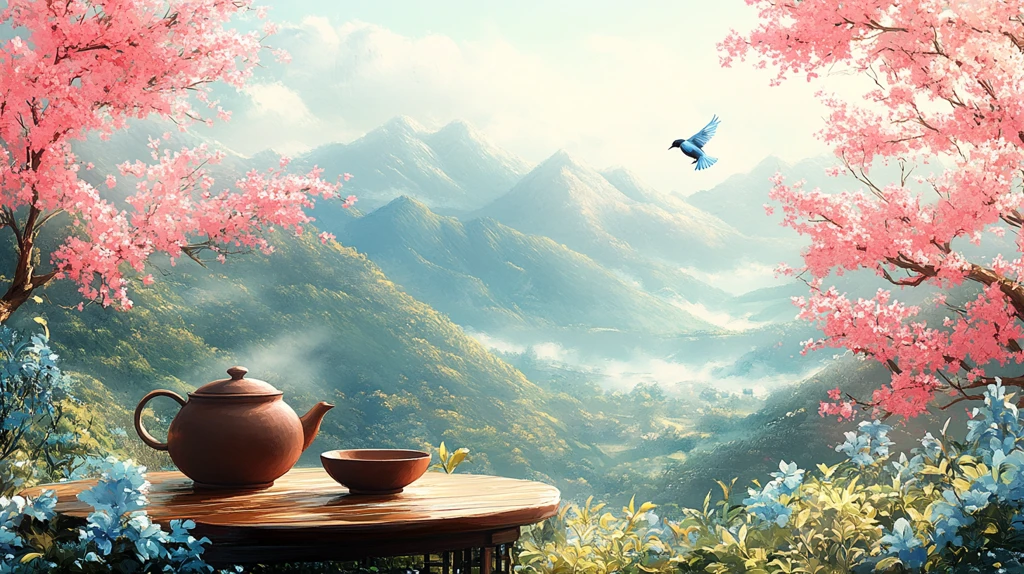 茶园中的蓝鹊与茶具