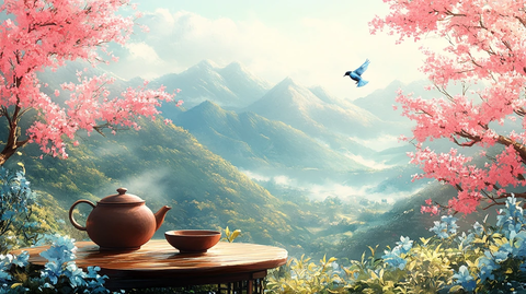 茶园中的蓝鹊与茶具