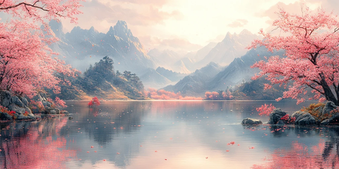 春桃柳树湖景图