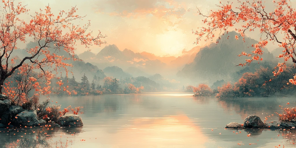 春桃柳树湖景图