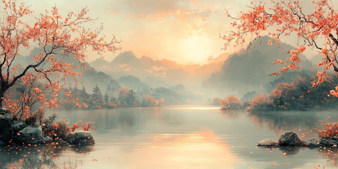 春桃柳树湖景图