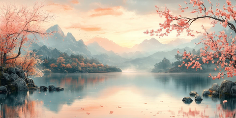 春桃柳树湖景图