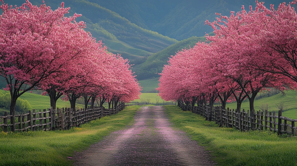 樱花树开花的小路