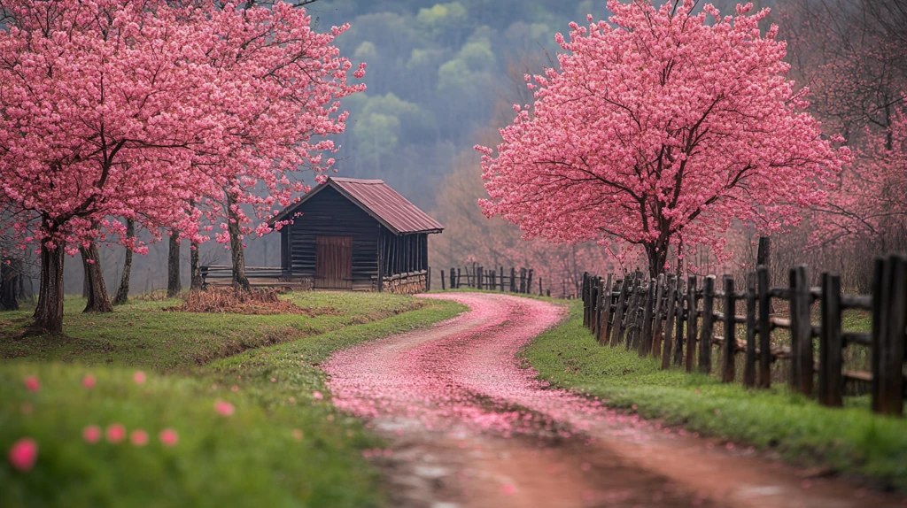 樱花树开花的小路