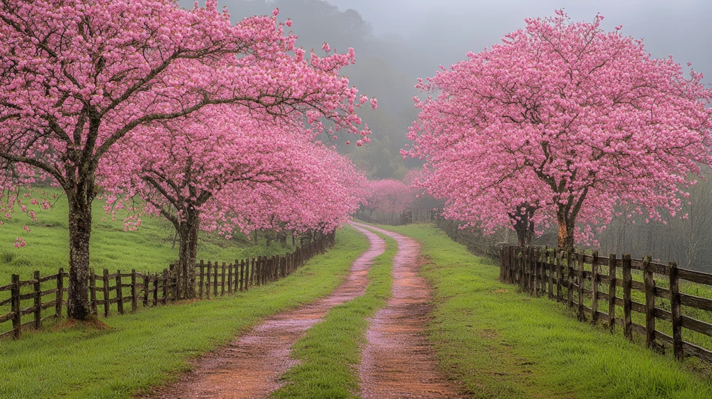 樱花树开花的小路