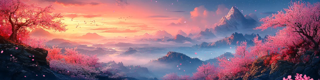 樱花盛开山景图