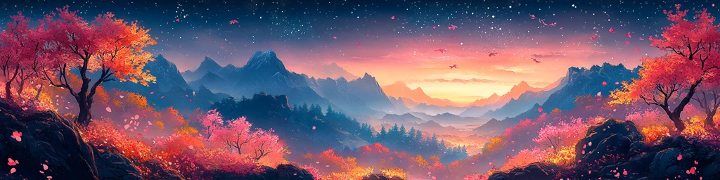 樱花盛开山景图