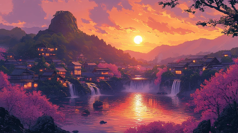 紫蓝树粉草远瀑屋