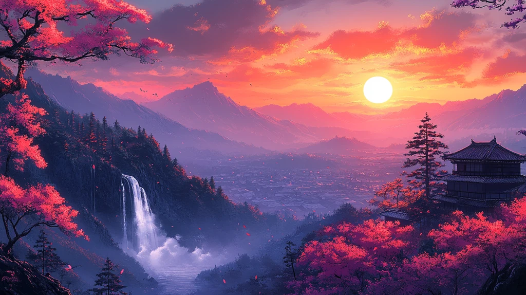 紫蓝树粉草远瀑屋