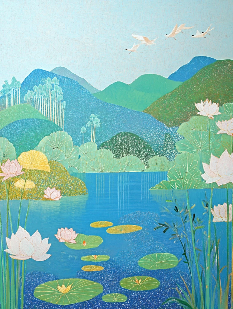 莲花池竹林仙鹤图