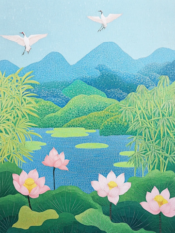 莲花池竹林仙鹤图