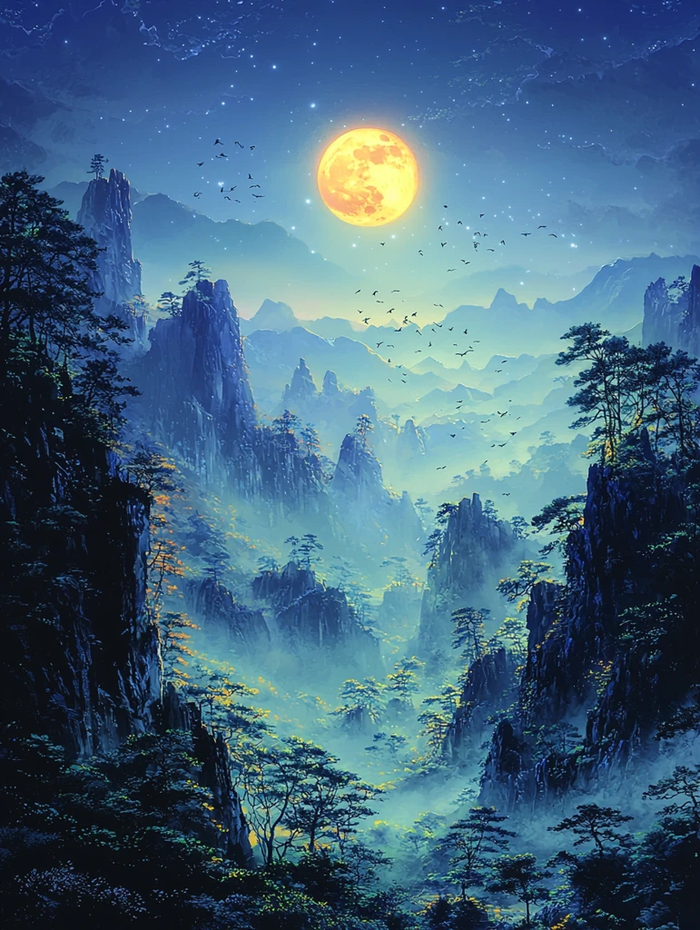 春夜山景月鸟图