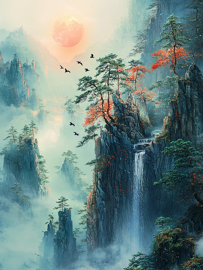 春夜山景月鸟图