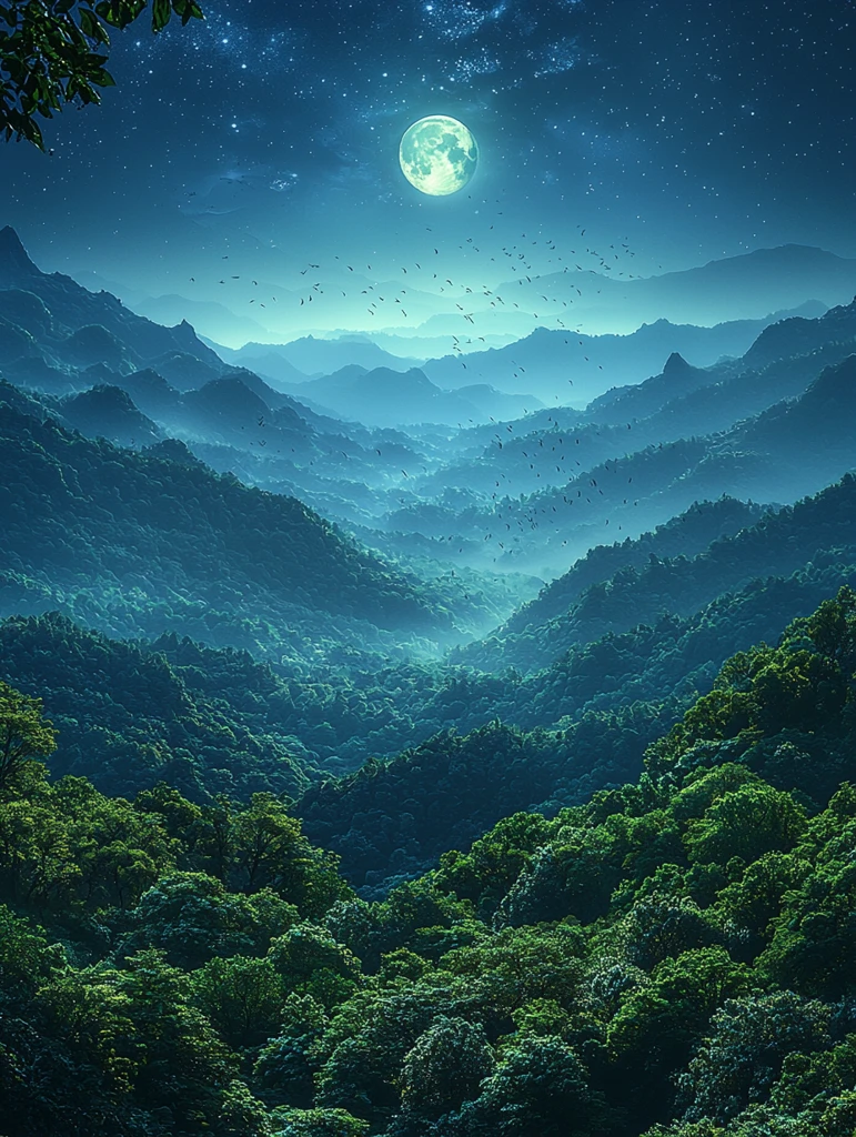 春夜山景月鸟图