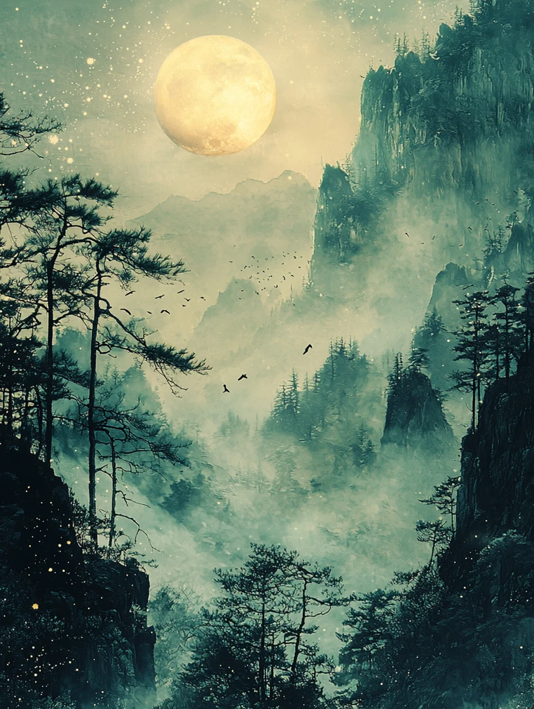 春夜山景月鸟图